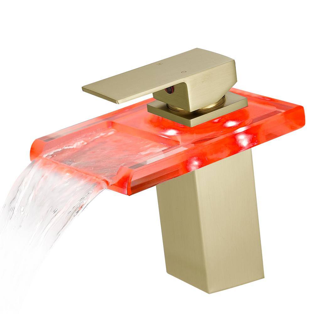 Waterfall LED Single-Handle Single-Hole Bathroom Sink Faucet in Brushed Gol