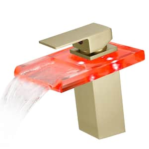 Waterfall LED Single-Handle Single-Hole Bathroom Sink Faucet in Brushed Gold