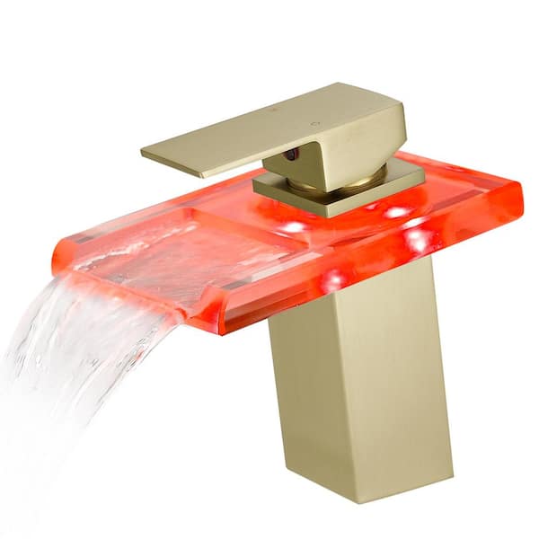 Unbranded Waterfall LED Single-Handle Single-Hole Bathroom Sink Faucet in Brushed Gold