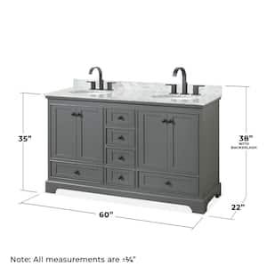 Deborah 60 in. W x 22 in. D x 35 in. H Double Bath Vanity in Dark Gray with White Carrara Marble Top