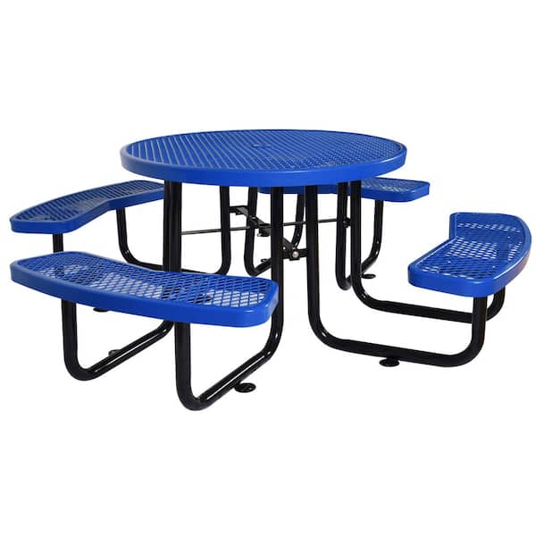 Sudzendf 46 in. Blue Round Outdoor Steel Picnic Table, with umbrella pole