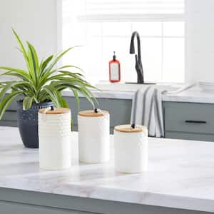 White Ceramic Decorative Jars with Wood Lids (Set of 3)