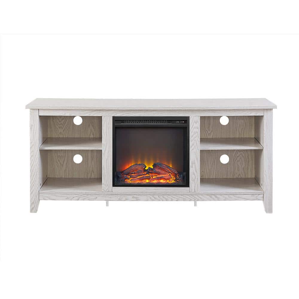 Whitewash 58" MDF Fireplace TV Stand with Shelves