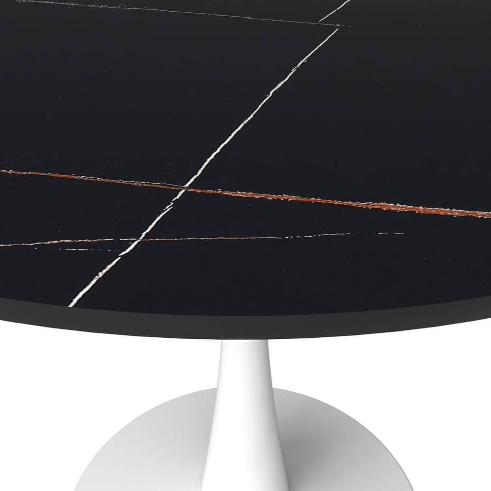 Bristol Round Black Marble Dining Table with White Pedestal Base