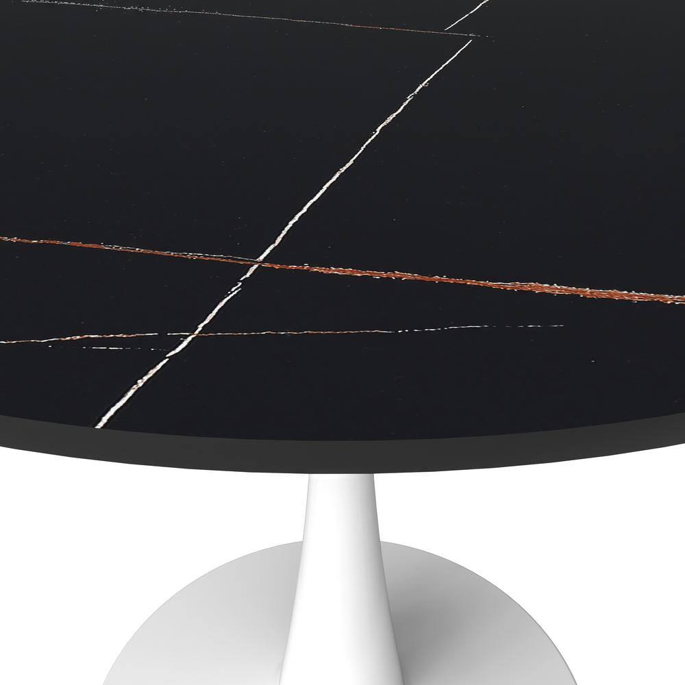 Bristol Round Black Marble Dining Table with White Pedestal Base