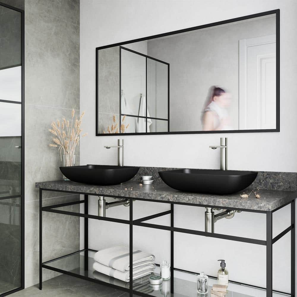 Matte Black Rectangular Glass Vessel Sink with Brushed Nickel Faucet