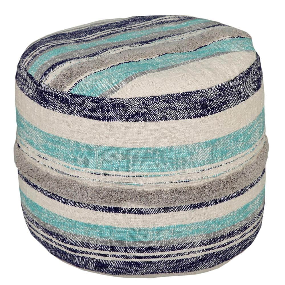 Nora Blue/White Striped Hand-Woven Organic Cotton Ottoman Pouf
