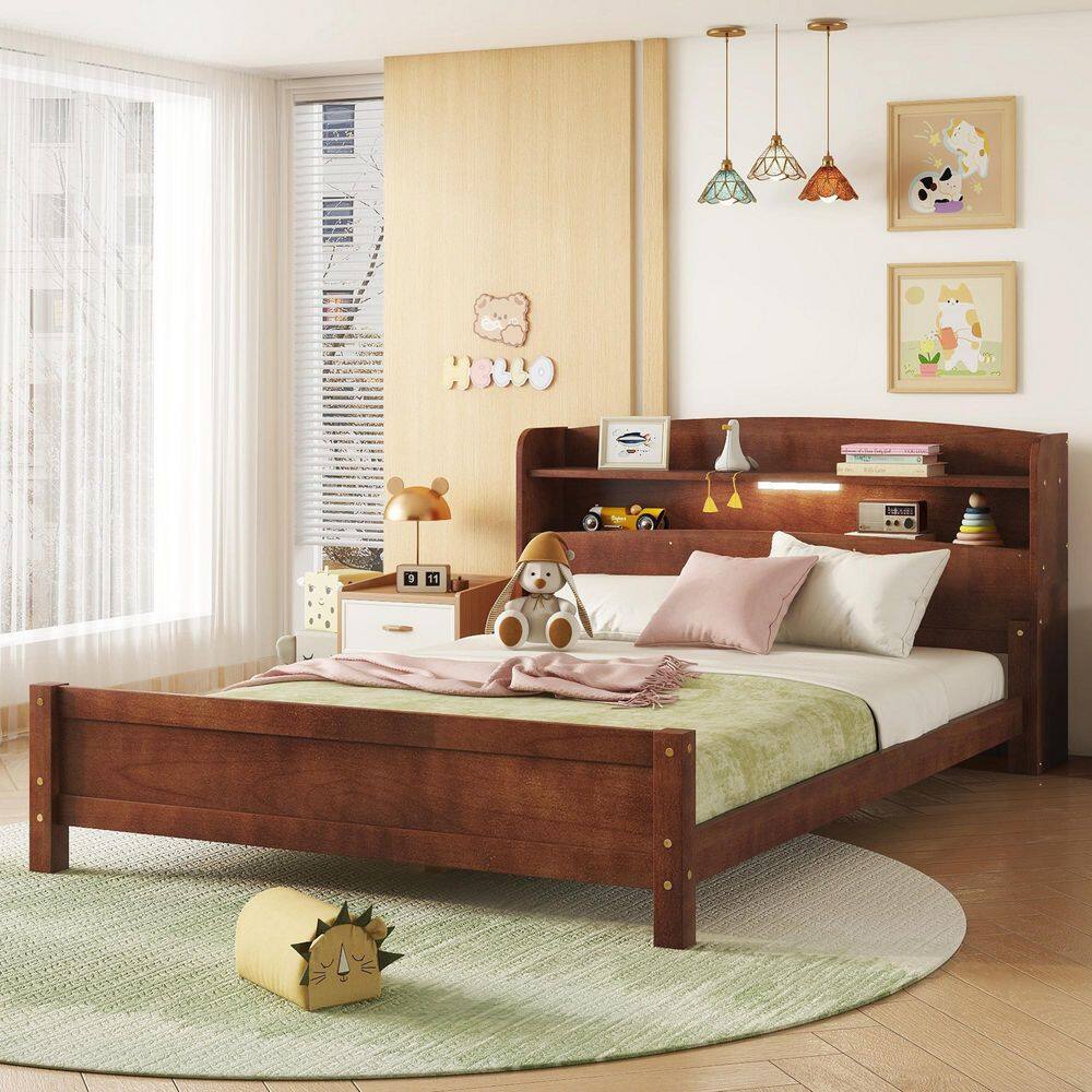 Brown Wood Frame Full Platform Bed with Bookcase Headboard, LED Motion Sensor Light and Guardrails price history on PriceWatchPro