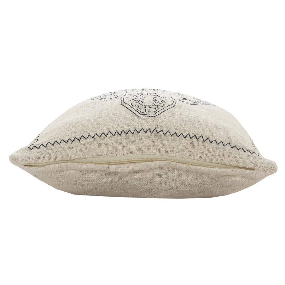 Off-White and Navy Blue Embroidered Rectangular Lumbar Pillow