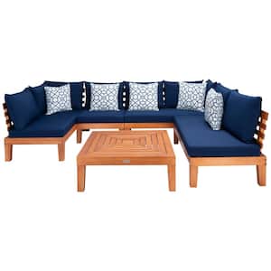 Granton Natural Wood Outdoor Patio Sectional with Navy Cushions and White Pillows