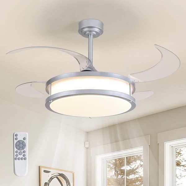 48 in. Indoor Downrod Mount Modern Silver Retractable Fandelier Ceiling Fan Acrylic Shade Dimmable LED with Remote
