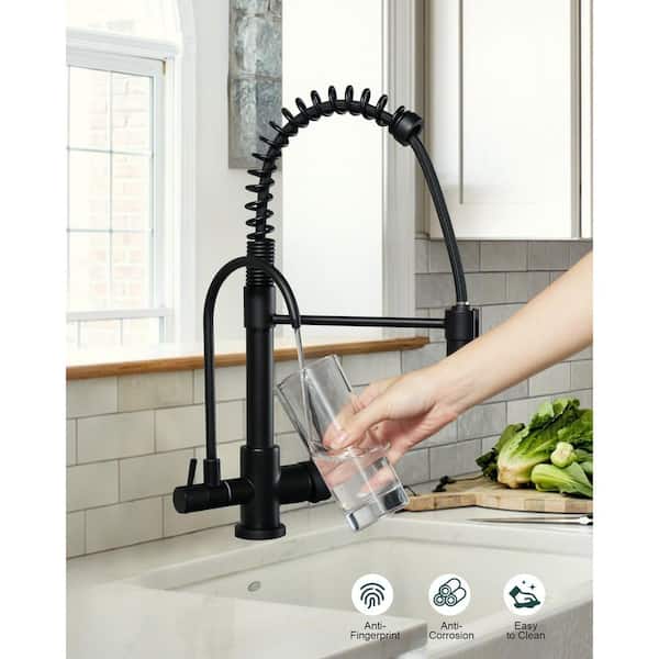 Double Handles Solid Brass Pull Down Sprayer Kitchen Faucet with Drinking Water Filter in Matte Black
