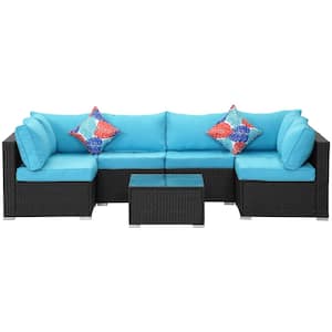 7-Piece Black Wicker Outdoor Sectional Set with Blue Cushions and Coffee Table