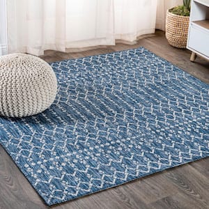Ourika Moroccan Geometric Textured Weave Navy/Light Gray 5' Square Indoor/Outdoor Area Rug