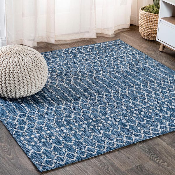 Ourika Moroccan Geometric Textured Weave Navy/Light Gray 6 X 6 ft. Indoor/Outdoor Area Rug