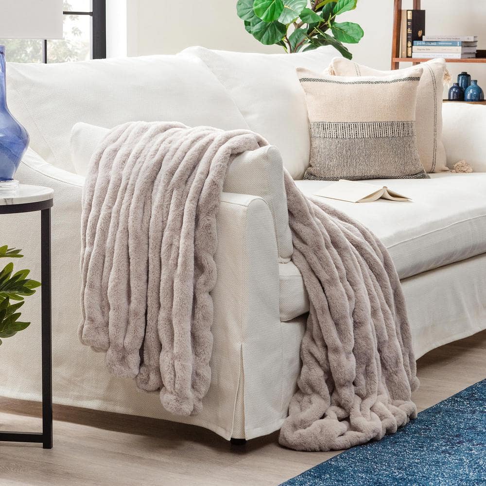 Luxurious Taupe Faux Fur Reversible Throw Blanket, 50" x 65"