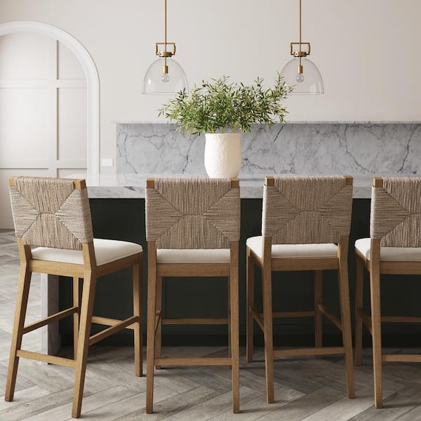 Beacon 29 in. Bohemian Boucle Upholstered Wood Bar Height Bar Stool w/Woven Back, Cream Boucle/Light Brown, Set of 4