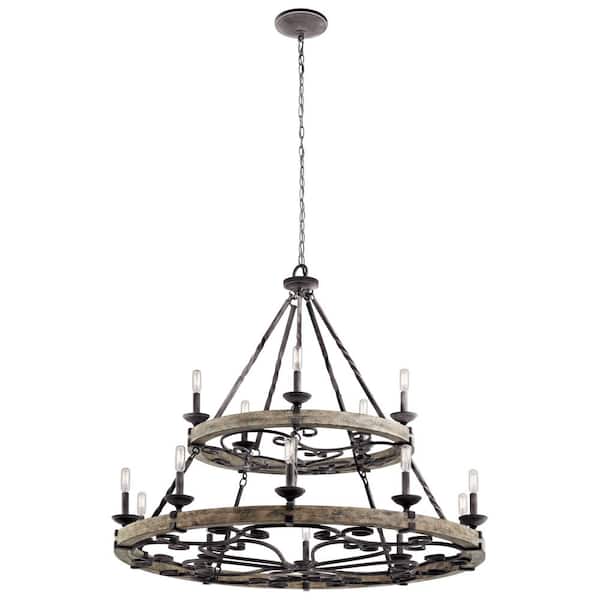 Taulbee 44 in. 15-Light Weathered Zinc 2-Tier Farmhouse Wagon Wheel Circle Chandelier for Dining Room