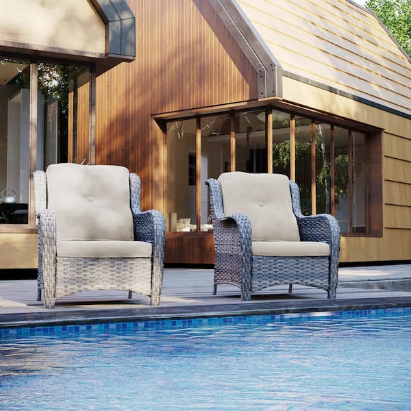 JOYSIDE Ergonomic Arm 2-Piece Patio Wicker Outdoor Lounge Chair with Beige Cushions