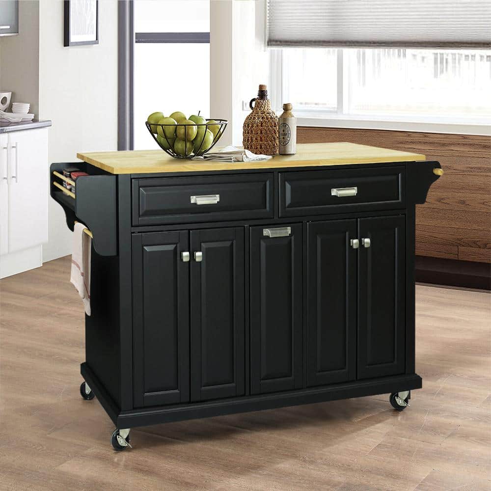 WarmieHomy Kitchen Cart Natural Wood Top Kitchen Island with Storage