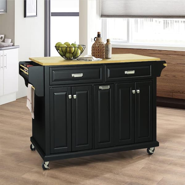 WarmieHomy Kitchen Cart Natural Wood Top Kitchen Island with Storage, Adjustable Shelves, Black