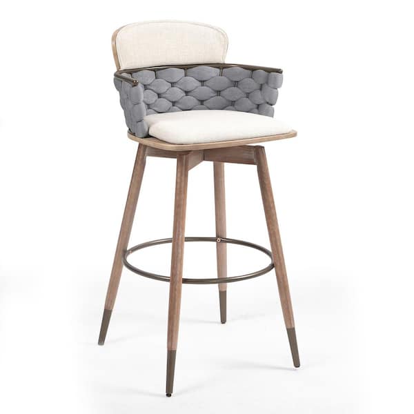 Glamour Home Bechor 29 in. Beige and Gray Wood Bar Stool with Woven Fabric Seat 1 (Set of Included)