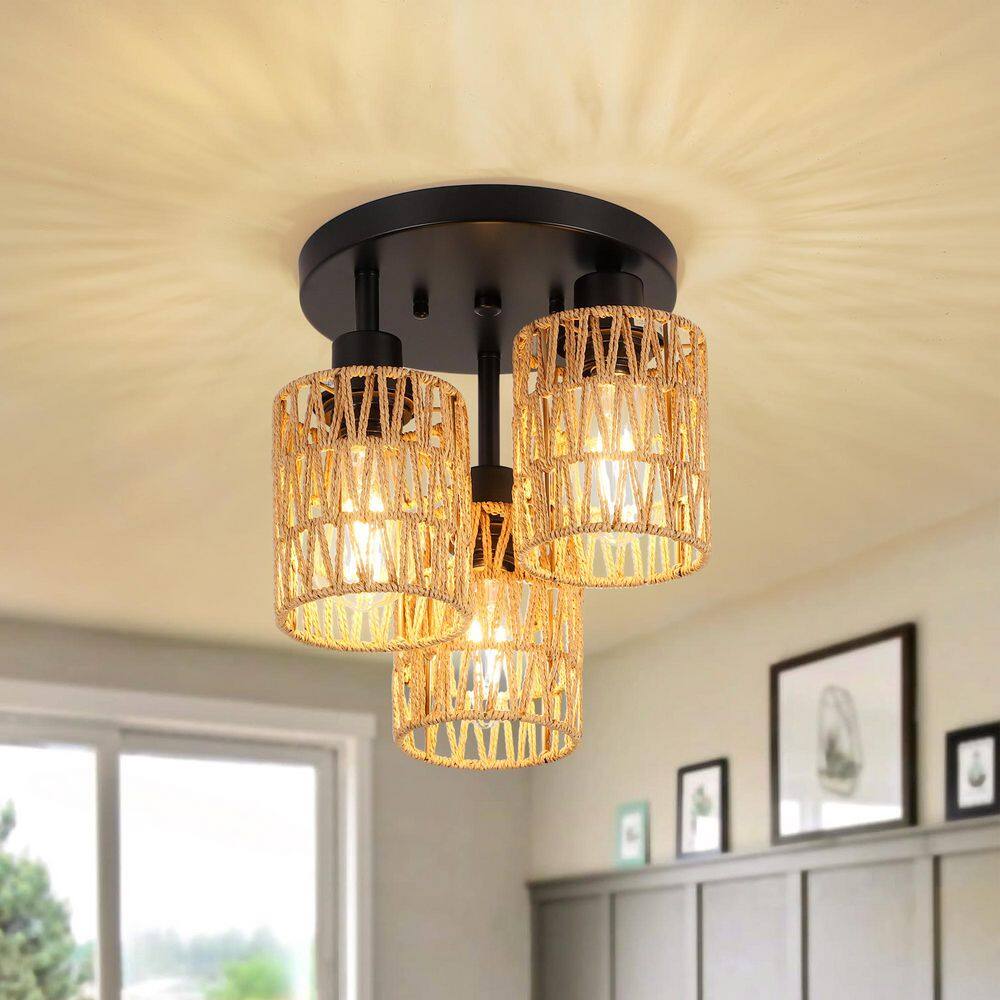 10 in. 3-Light Farmhouse Semi Flush Mount Ceiling Lights with Hand-Woven Natural Rattan Shade price history on PriceWatchPro