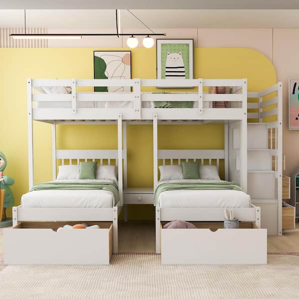 White Full Over Twin and Twin Bunk Bed with Drawers and Guardrails