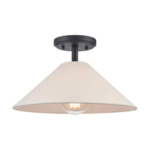 River 14 in. W 1-Light Matte Black Semi Flush Mount with Parchment Shade