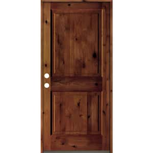 36 in. x 80 in. Rustic Knotty Alder Square Top Red Chestnut Stain Right-Hand Inswing Wood Single Prehung Front Door