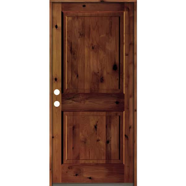 Krosswood Doors 36 in. x 80 in. Rustic Knotty Alder Square Top Red Chestnut Stain Right-Hand Inswing Wood Single Prehung Front Door