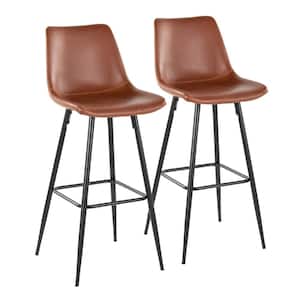 Durango 29.5 in. Cognac Faux Leather and Black Metal Fixed-Height Bar Stool with Square Footrest (Set of 2)