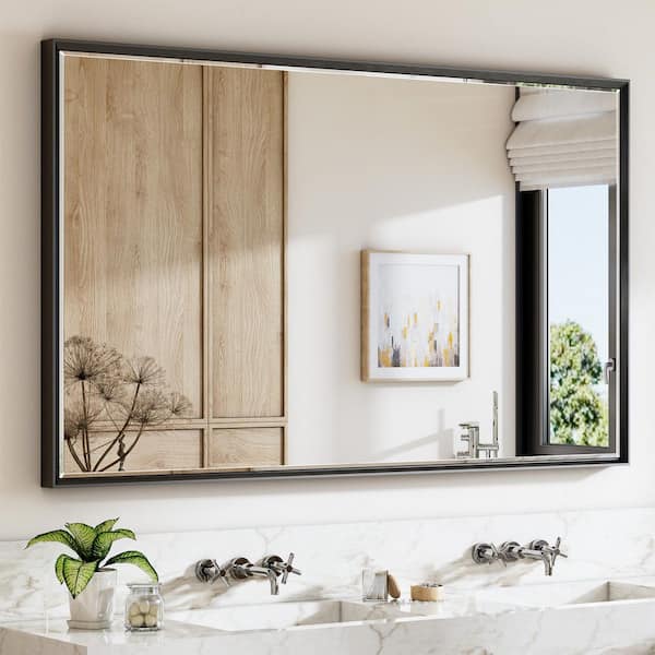 60 in. W x 36 in. H Aluminum Beveled Edge Rectangular Framed Bathroom Vanity Wall Mount Mirror in Brushed Black