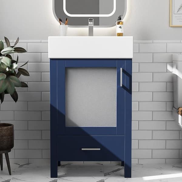 20 in. Single Sink Freestanding Blue Bath Vanity with White Ceramic Top, Space-Saving Design