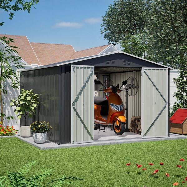 Zeus & Ruta 10 ft. W x 10 ft. D Black Metal Shed with Lockable