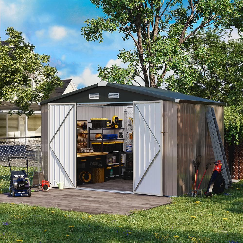 SUNMTHINK 10 ft. W x 8 ft. D Brown Outdoor Metal Storage Shed with