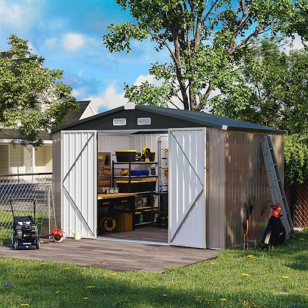 SUNMTHINK 10 ft. W x 8 ft. D Brown Outdoor Metal Storage Shed with