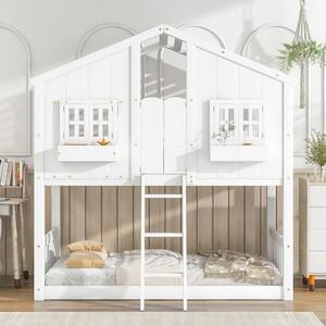 White Twin over Twin House Bunk Bed with Window Storage Box, Safety Guardrails and Ladder, Playhouse Bed with Roof