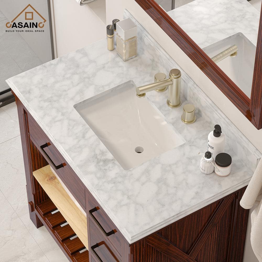 37" White Italian Carrara Marble Vanity Top with Ceramic Sink