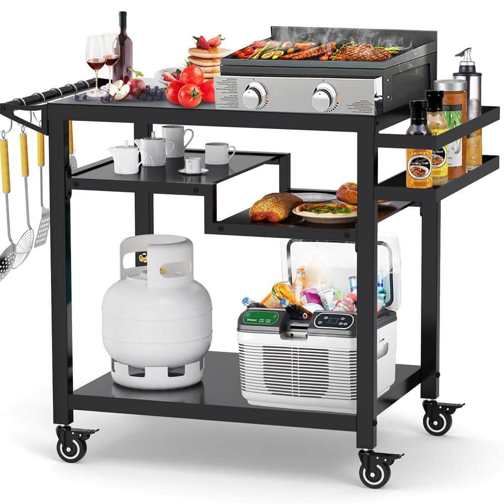 39. 6in Outdoor Metal Grill Cart, Pizza Oven Stand Table, Three-Shelf Food 