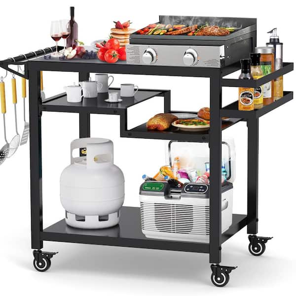 Unbranded 39. 6in Outdoor Metal Grill Cart, Pizza Oven Stand Table, Three-Shelf Food Prep for Party, Bar, Camping
