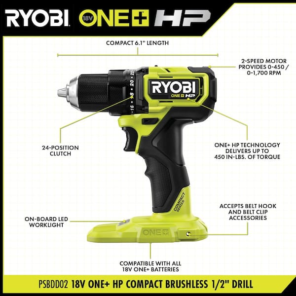 RYOBI ONE+ HP 18V Brushless Cordless Compact 1/2 in. Drill/Driver
