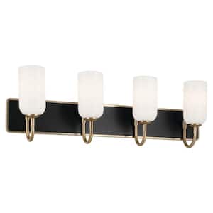 Solia 32 in. 4-Light Champagne Bronze with Black Modern Bathroom Vanity Light with Opal Glass Shades