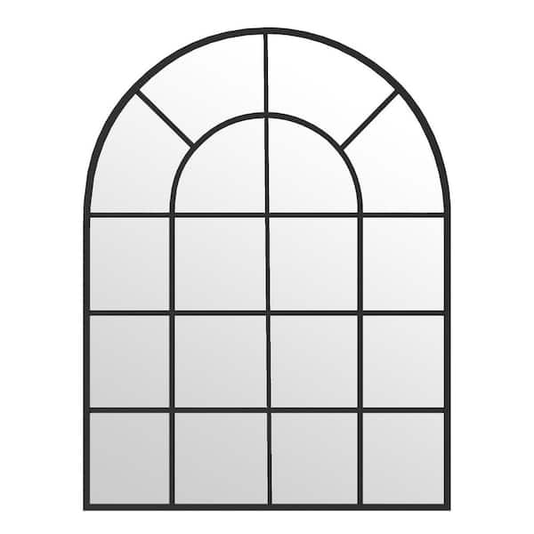 Black 30 in. W x 40 in. H Arched Windowpane Aluminum Alloy Framed Mirror Wall Mirror