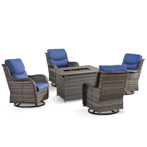 Quanxer Gray 5-Piece Wicker Patio Rectangle Fire Pit Conversation Set with Blue Cushions and Swivel Chairs
