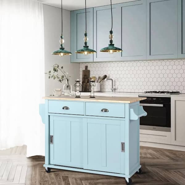 Nestfair Green 52.2 in. Kitchen Island with Rubber wood Drop-Leaf Countertop and Storage Cabinet