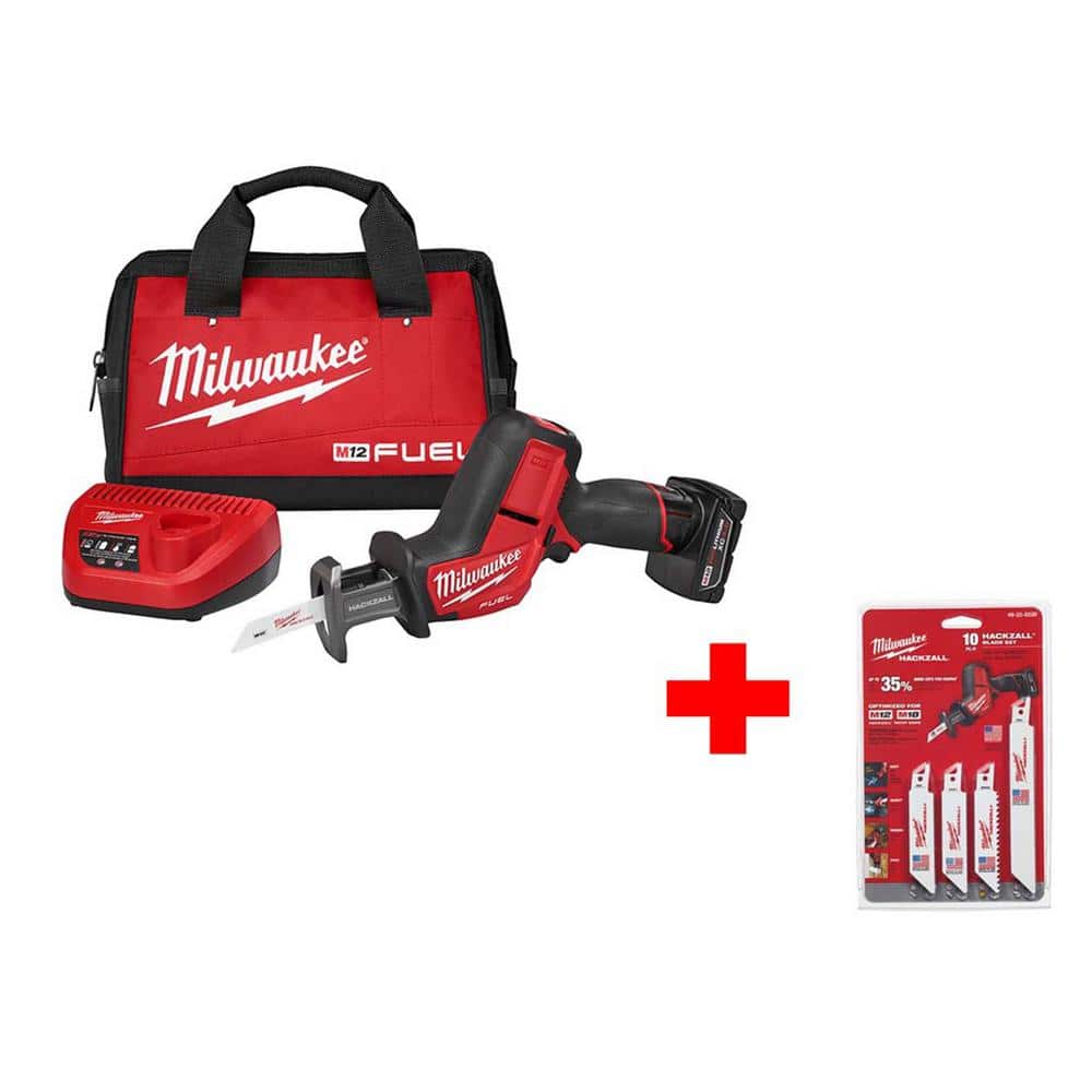Milwaukee M12 FUEL 12-Volt Lithium-Ion Cordless Hackzall Reciprocating Saw Kit with Hackzall Blades Kit Storage Pouch (10-Piece) -  2520-21XC-CV