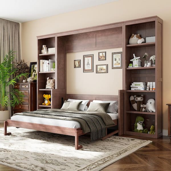 Dark Brown Wood Frame Queen Size Murphy Bed with Bookshelf and Desk