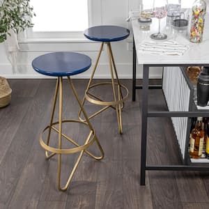 Spiroa 30 in. Modern Industrial Metal Backless Circular Bar Stool, Navy Seat with Gold Frame