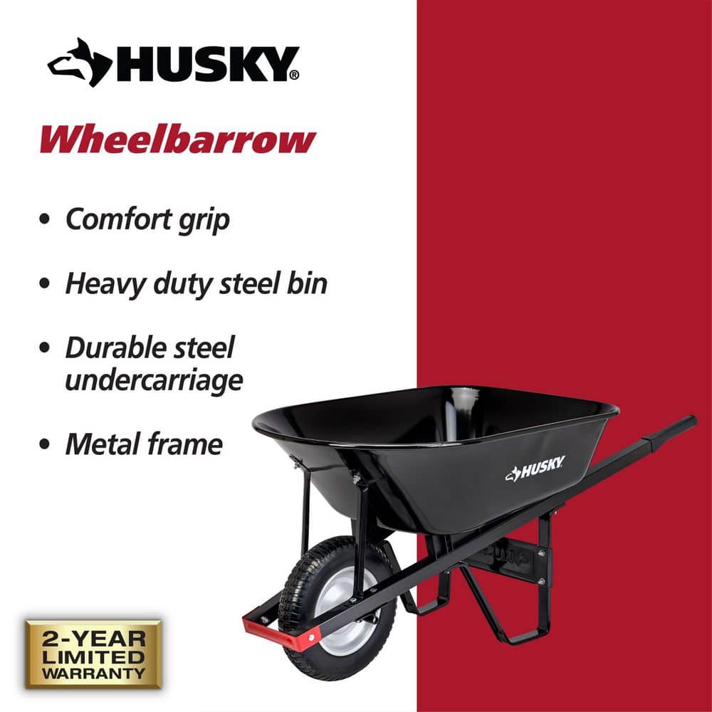 Husky 6 cu. ft. Steel Wheelbarrow with 8 in. Flat-Free Tires HWB3016